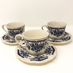 Blue Carnation Ironstone Cups & Saucers Set 3 Japan Blue White Vintage Floral